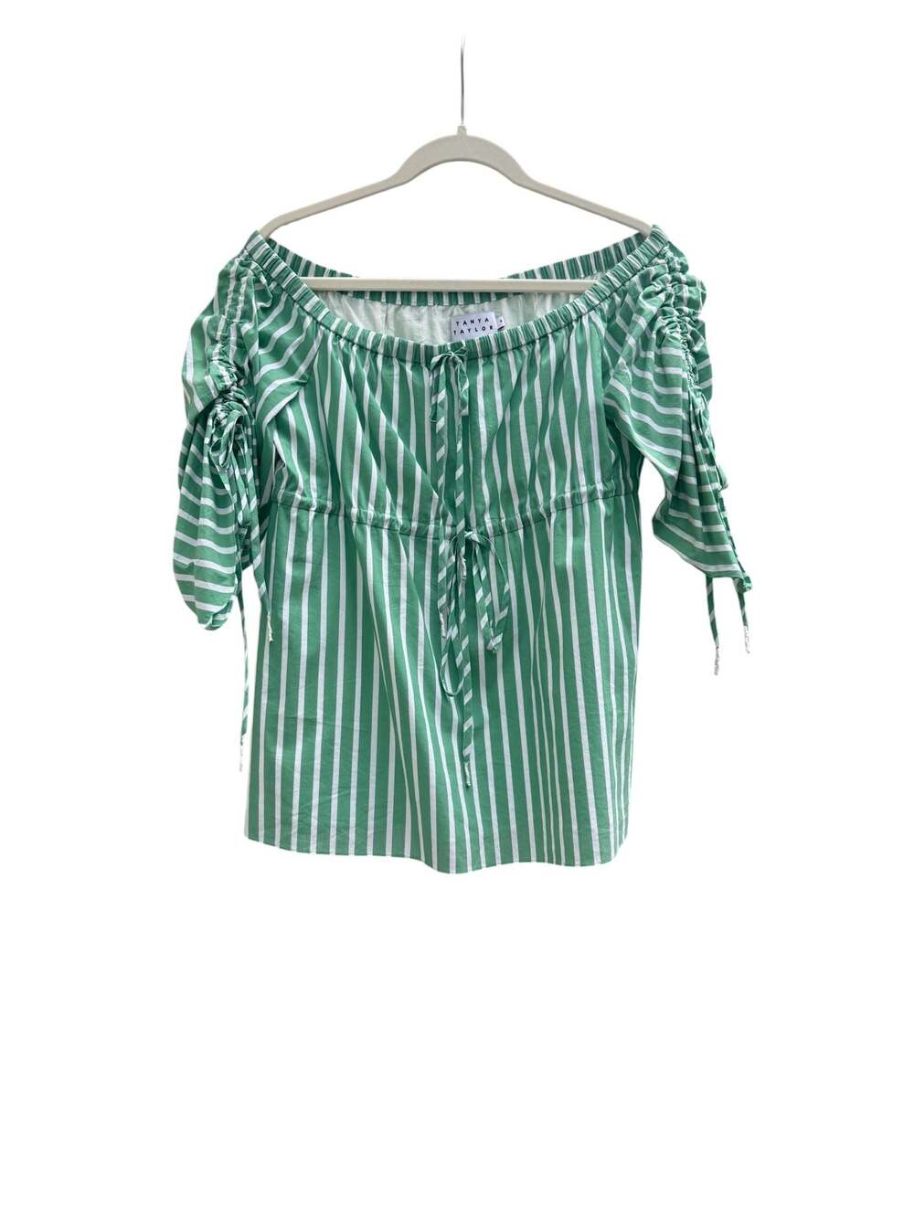 Tanya Taylor Striped Poplin Brielle Off-The-Shoulder Blouse in Green